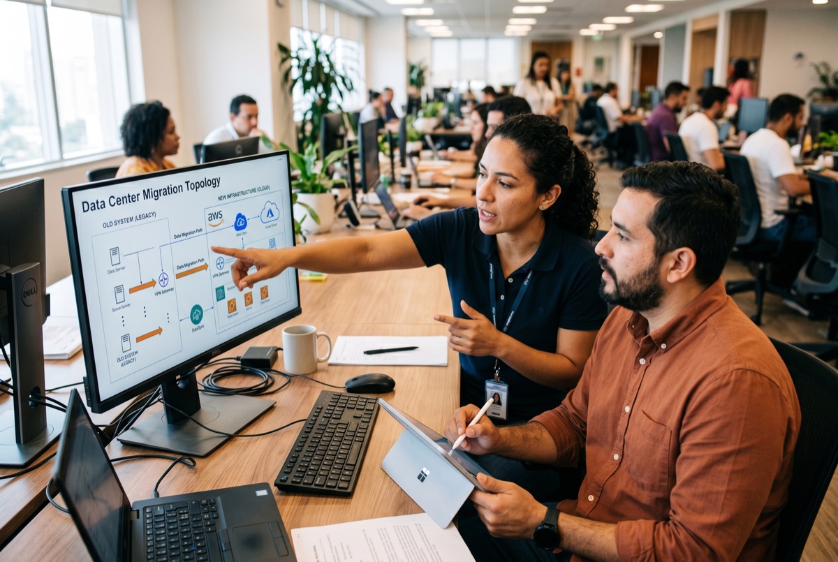 Equipo de prompt engineering trabajando con cliente sobre arquitectura de prompts — ingeniera y desarrollador analizando pantalla con esquema de integración