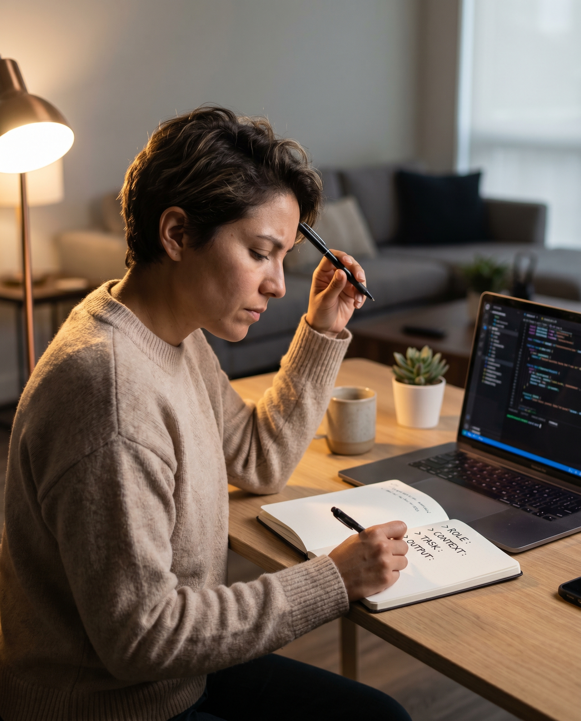 Ingeniero de Prompts diseñando estructura empresarial con notebook y laptop
