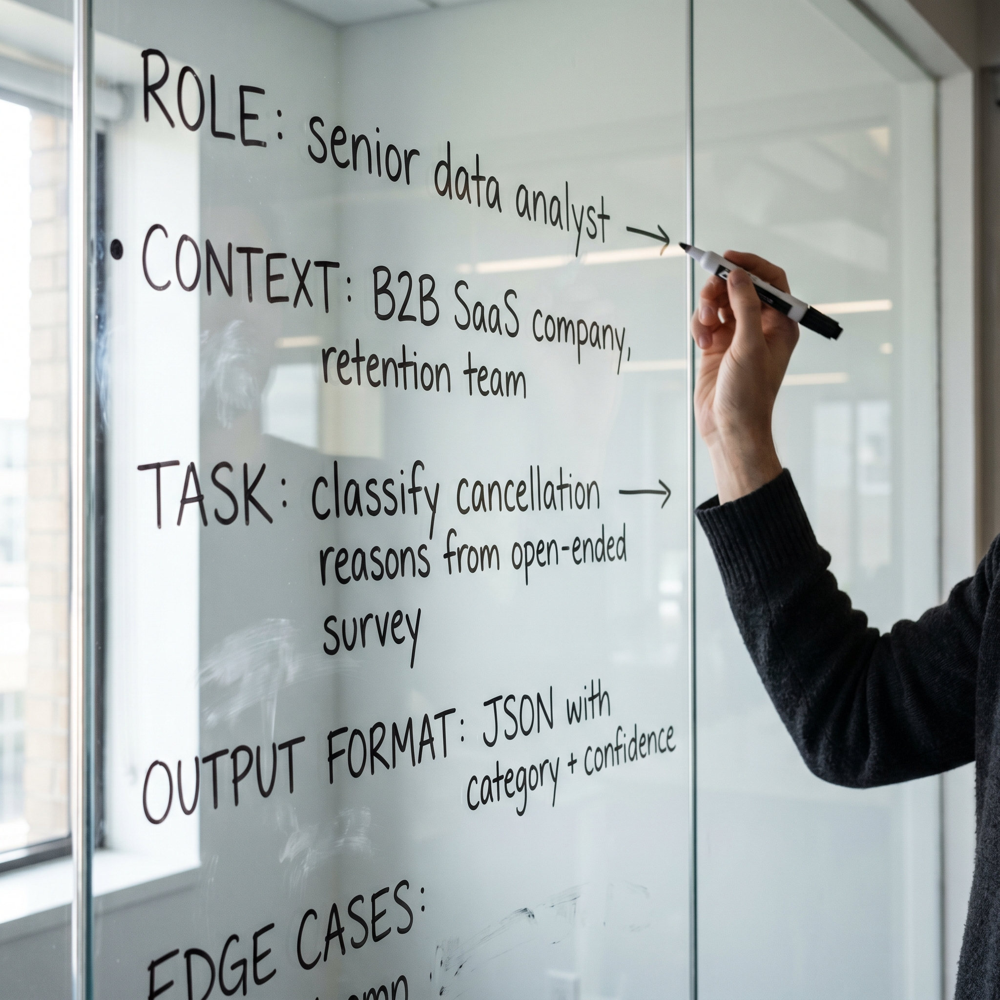 Pizarra con anatomía de prompt empresarial: ROLE, CONTEXT, TASK, OUTPUT FORMAT